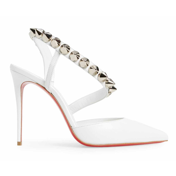 Christian Louboutin Spikita Pump 100 Bianco White Spike Strappy Sandal Heel 37.5 - Picture 1 of 8